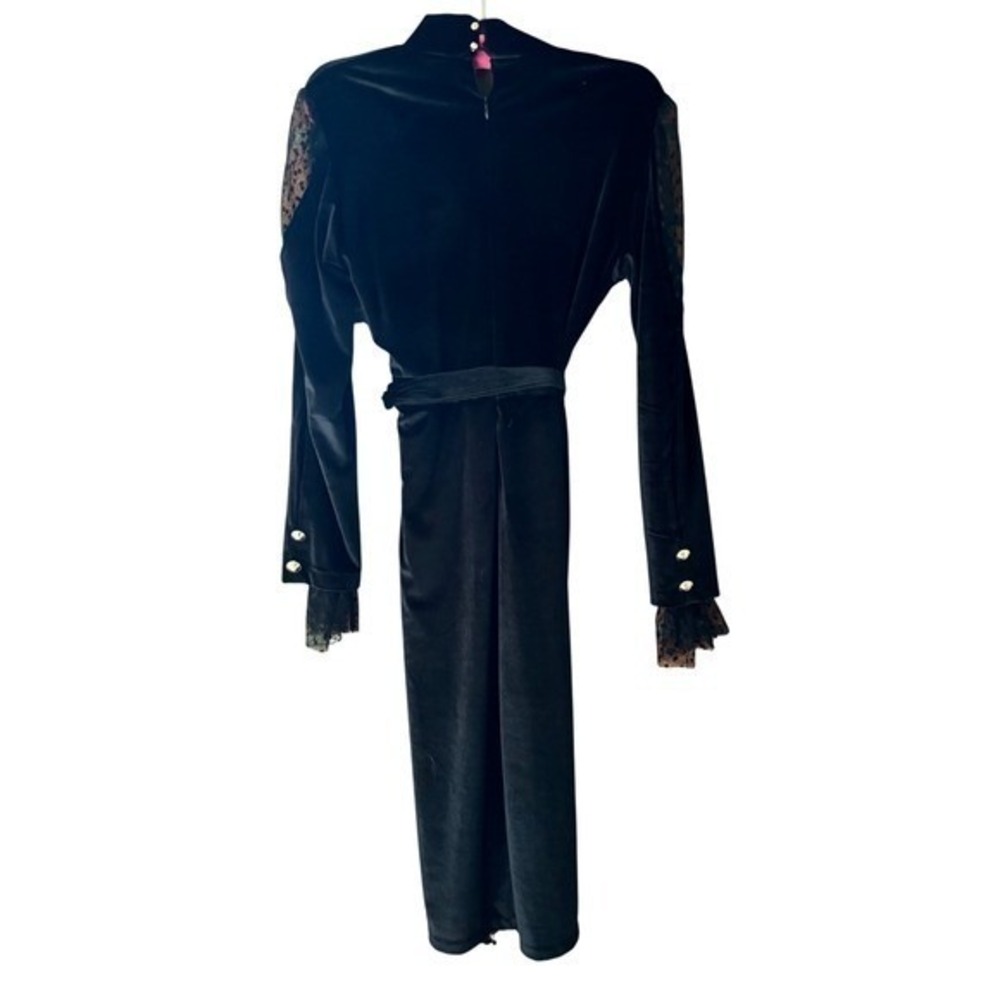 Vintage Black Velvet Lace Midi Dress High Neck Gold Button Victorian Goth M - Picture 3 of 11